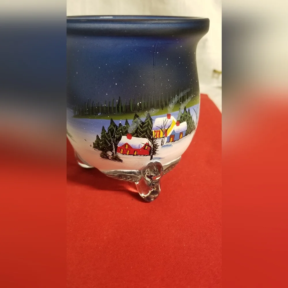 Vintage Votive Winter Scene Hand Painted Glass Candle Holder